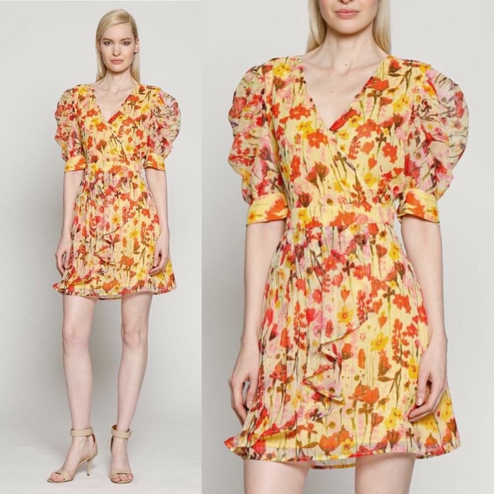Walter Baker Butter Yellow Floral Print Dress Puff Short Sleeve Faux Wrap 8 $228